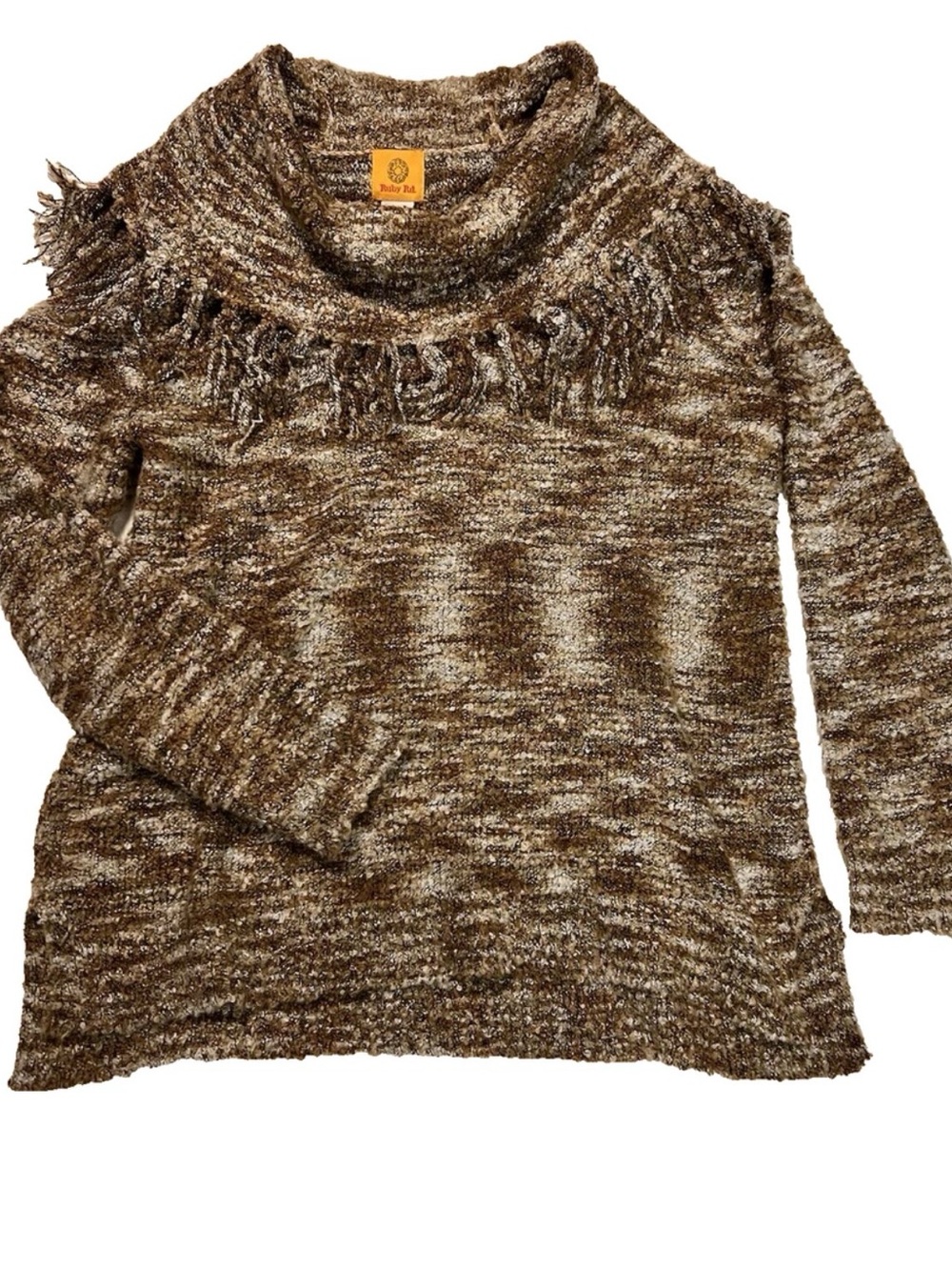 Ruby Rd Womens Sweater Sz L Earth tone Pullover Cowl Neck W/ fringe E-3